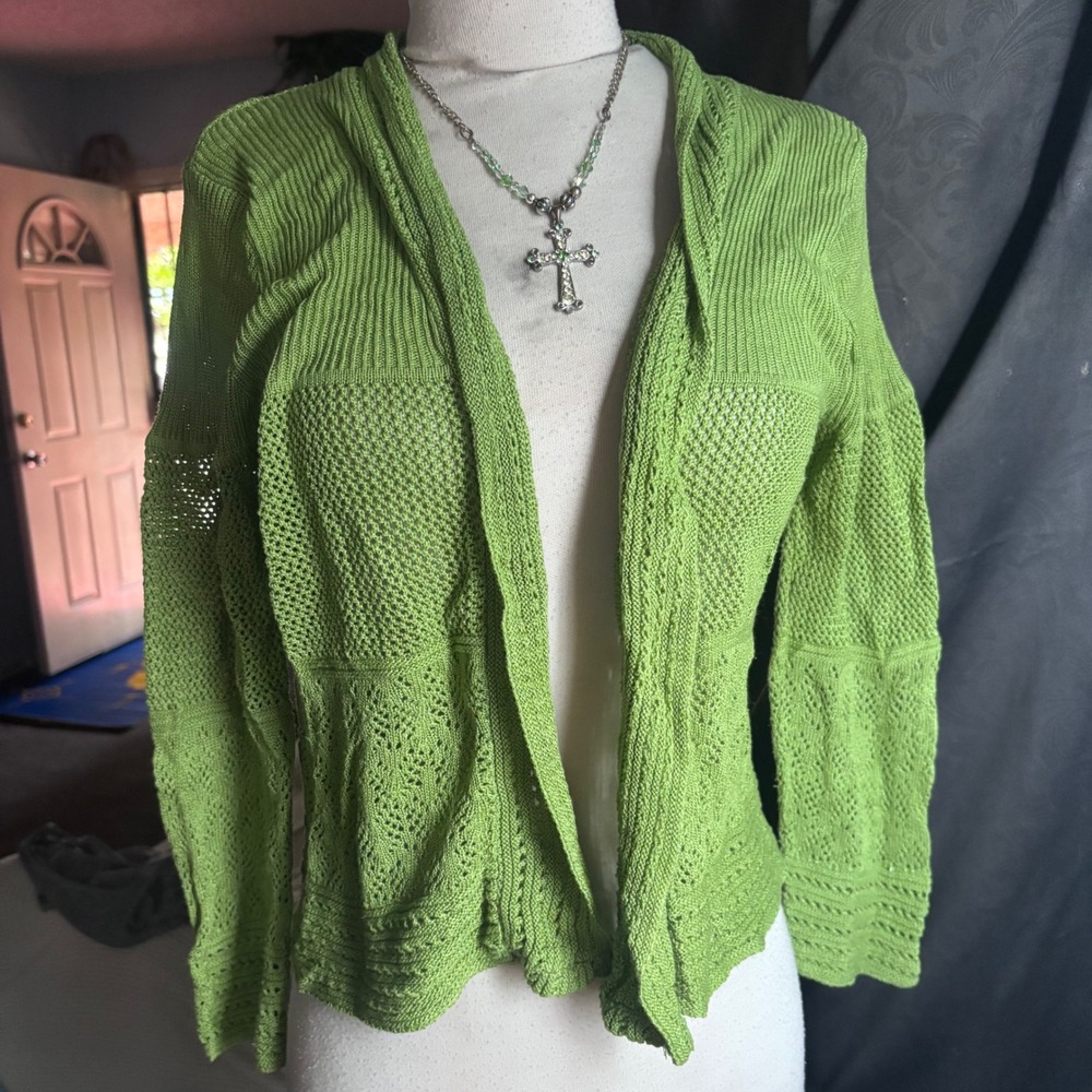 Vtg Lime Green Open Front Pointelle Knit Cardigan Womens Small/Medium